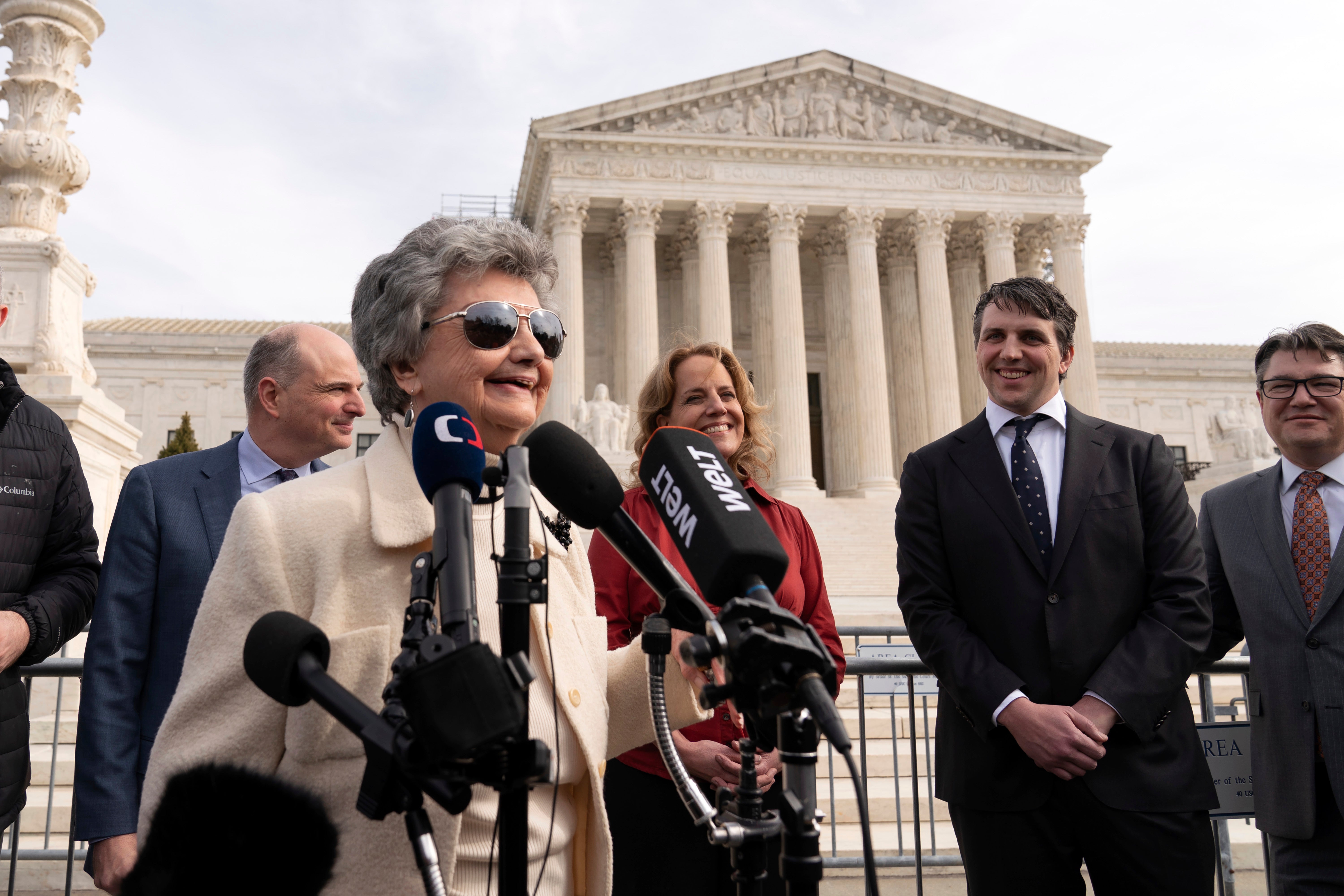Norma Anderson, the lead plaintiff in a case to disqualify Donald Trump from 2024 ballots, speaks outside the US Supreme Court on 8 February
