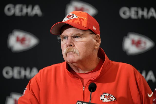 Andy Reid’s Kansas City Chiefs, the defending Super Bowl champions, lost four games in six towards the end of the regular season (Charlie Riedel/AP)