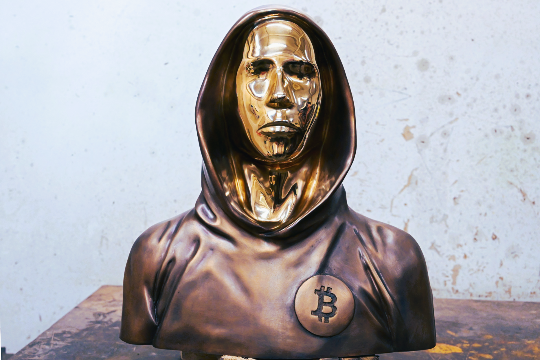 A bronze statue of the mysterious tech figure in the village of Nagytarcsa, east of Budapest