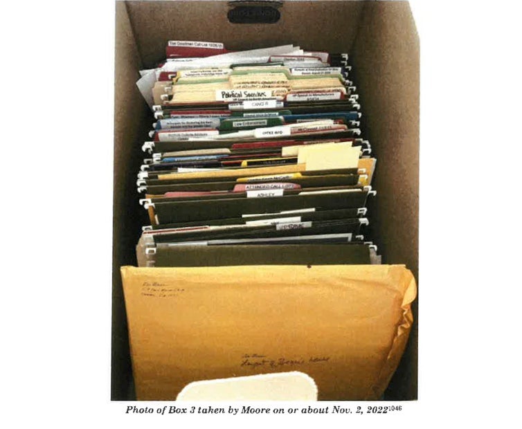 Photo of box showing Post-its where classified documents were found. The box was in Biden’s office at the Penn Biden Center