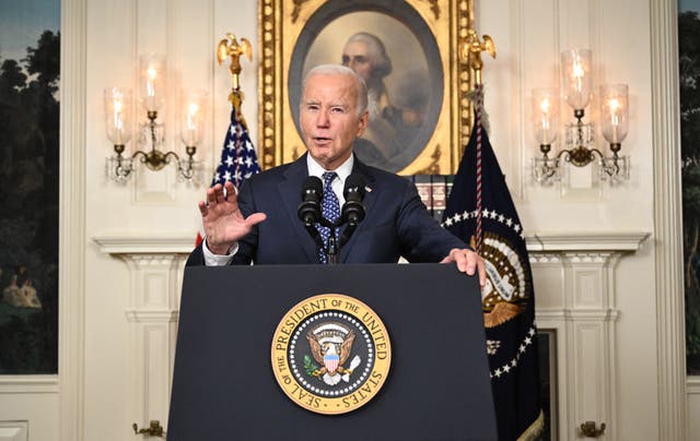 <p>US President Joe Biden speaks about the Special Counsel report in the Diplomatic Reception Room of the White House in Washington, DC, on February 8, 2024 in a surprise last-minute addition to his schedule for the day</p>