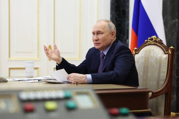 <p>In this pool photograph distributed by Russian state agency Sputnik, Russia’s president Vladimir Putin chairs a meeting with the Presidential Council for Science and Education via video link in Moscow on 8 February 2024</p>