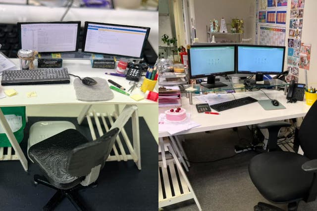 (from left to right) Hanna’s desk in miniature form next to Hanna’s real desk (Dawn Fielder-Davis/PA)
