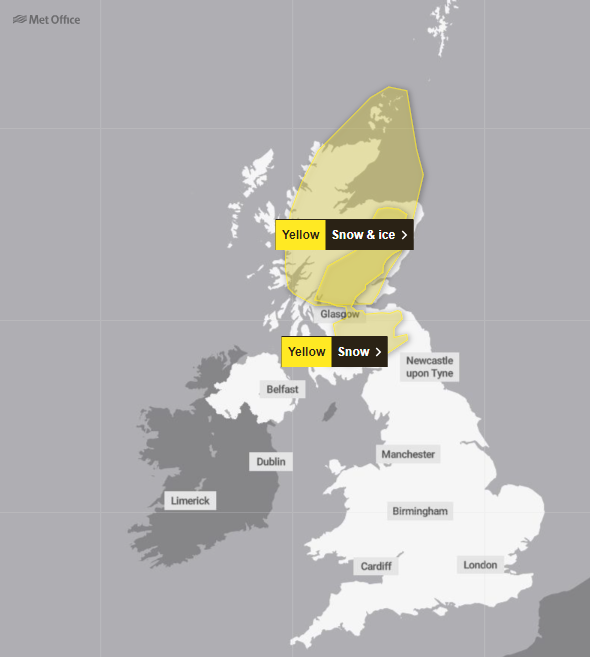 There are yellow snow and ice warnings in place across Scotland today