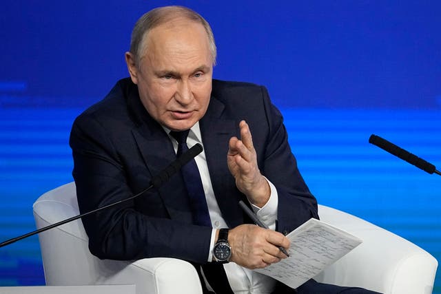 <p>Russian President Vladimir Putin has again blamed the West for the war in Ukraine (Alexander Zemlianichenko/AP)</p>