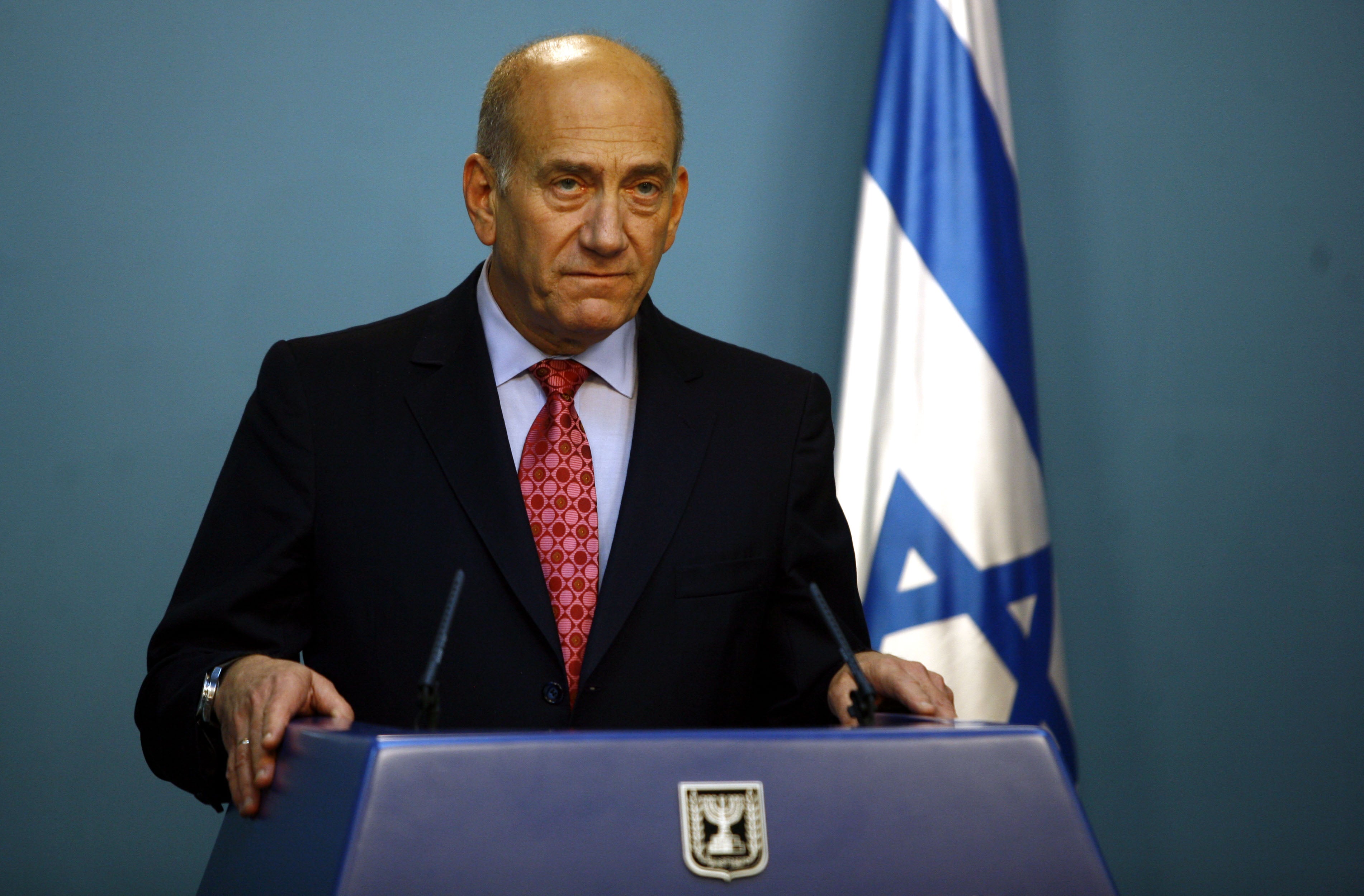 Former Israeli prime minister Ehud Olmert at a press conference while in office in 2009