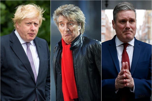 <p>L-R: Boris Johnson, Rod Stewart and Keir Starmer</p>