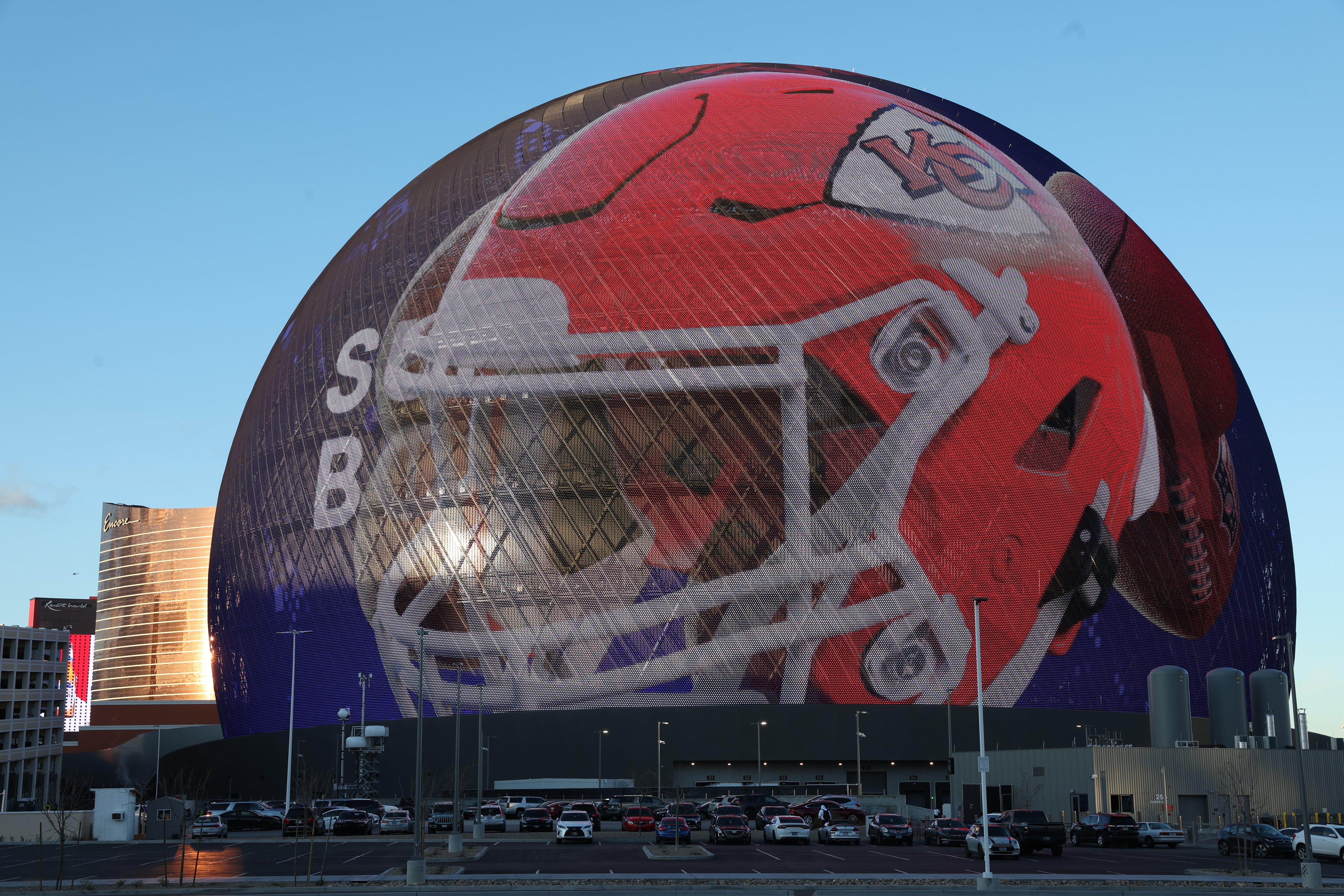 The Sphere on the Las Vegas Strip displays Super Bowl LVIII signage
