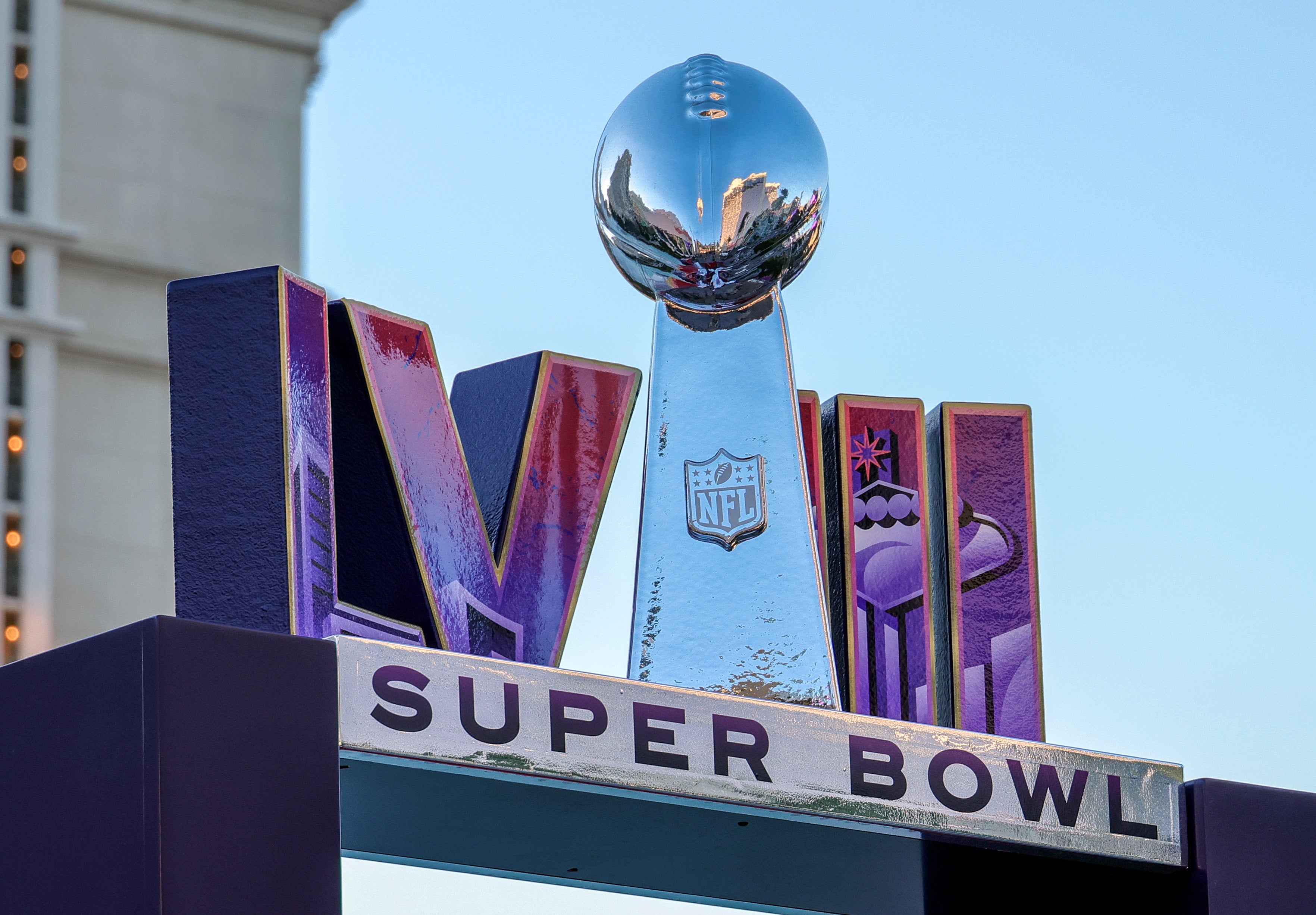 A Super Bowl LVIII display on the Las Vegas Strip in front of Caesars Palace