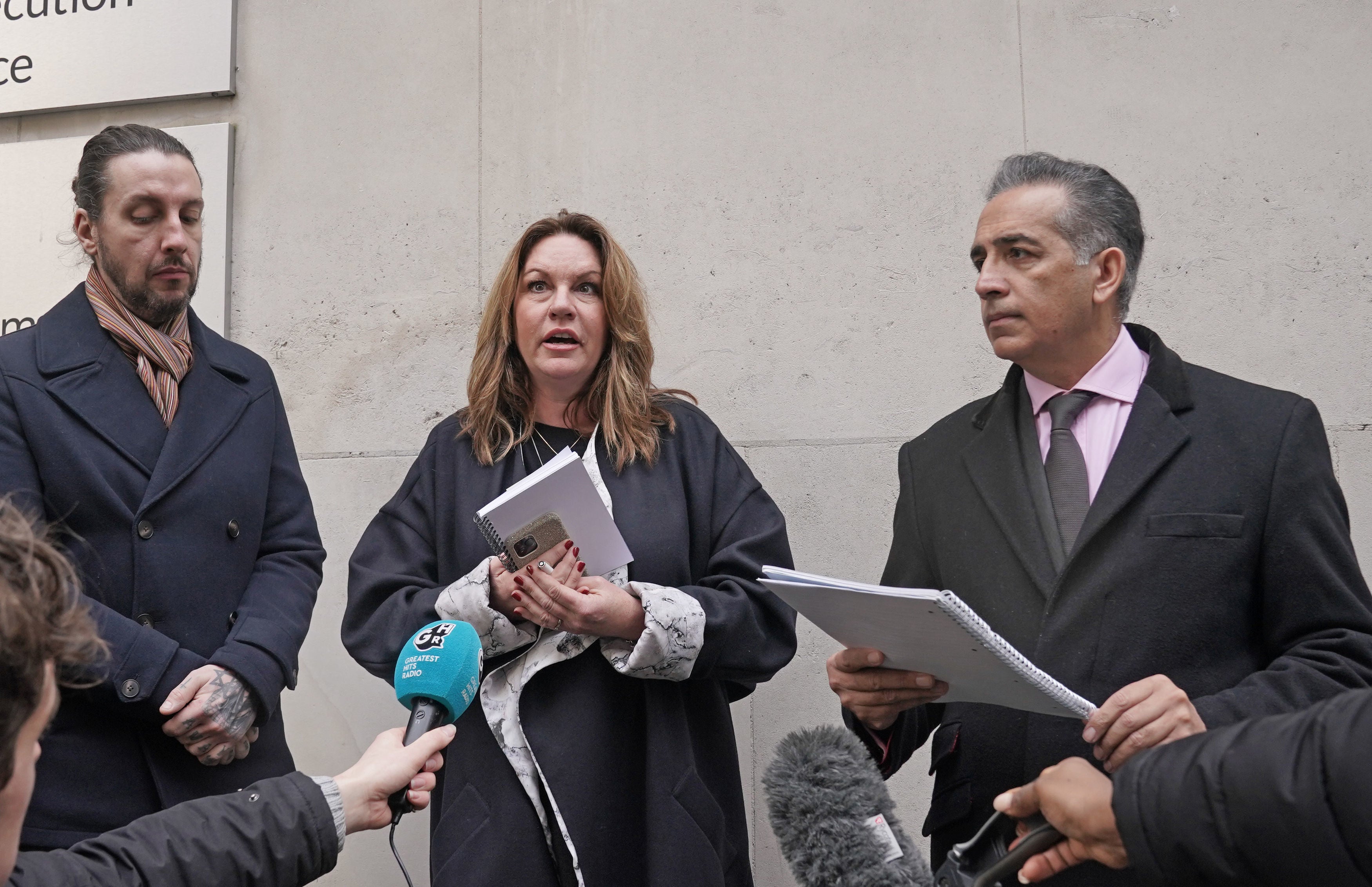 James Coates, son of Ian Coates, Emma Webber, mother of Barnaby Webber and Dr Sanjoy Kumar, father of Grace O'Malley-Kumar speak to the media in London