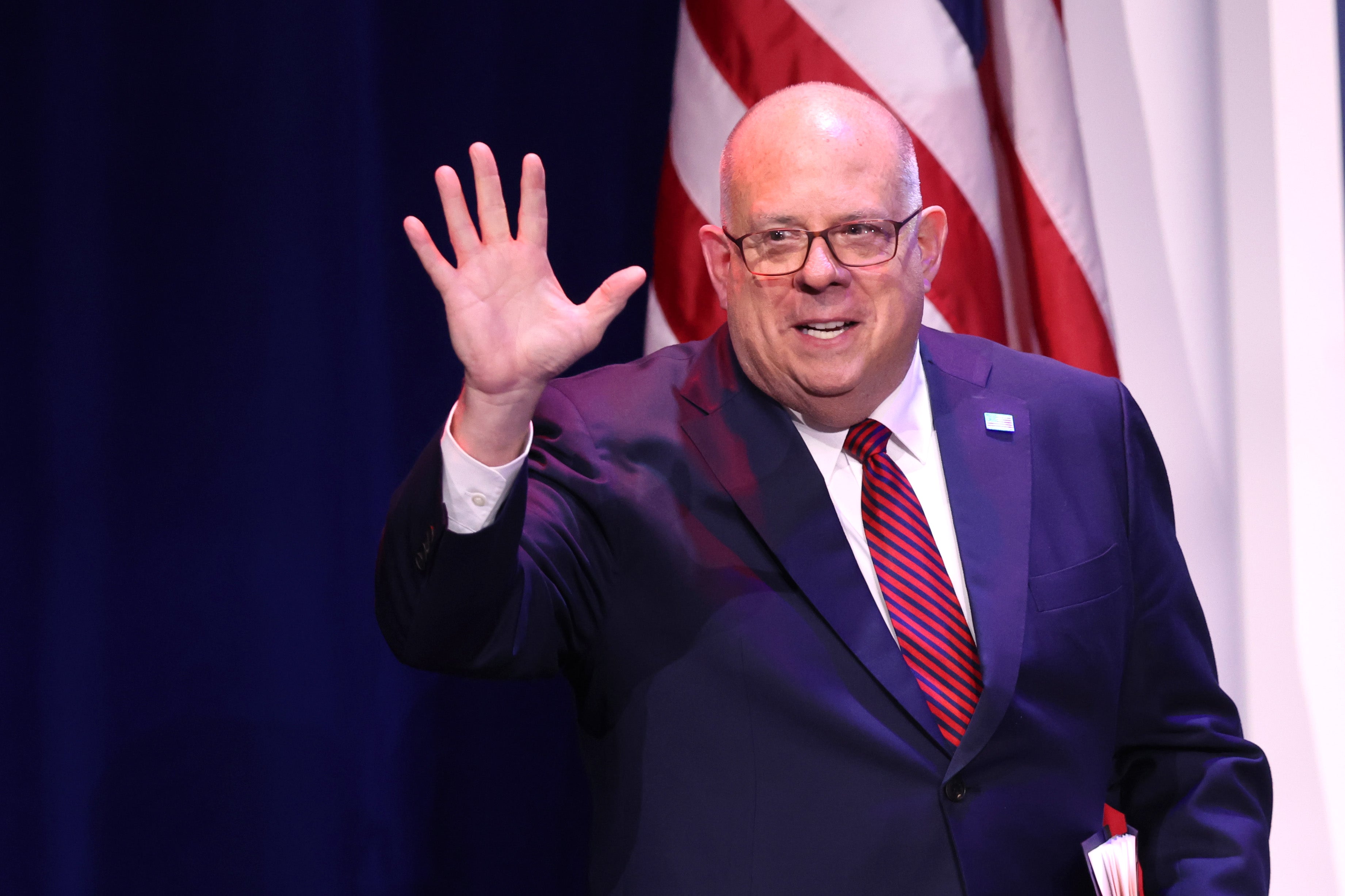 Maryland Governor Larry Hogan speaks to guests at the Republican Jewish Coalition Annual Leadership Meeting on November 18, 2022 in Las Vegas, Nevada