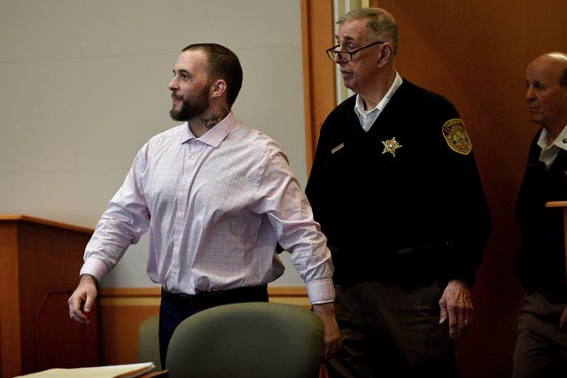 <p>Adam Montgomery enters the courtroom for jury selection ahead of his murder trial at Hillsborough County Superior Court in Manchester, N.H, on Tuesday, Feb. 6, 2024. Montgomery is accused of killing his 5-year-old daughter and spending months moving her body before disposing of it. </p>