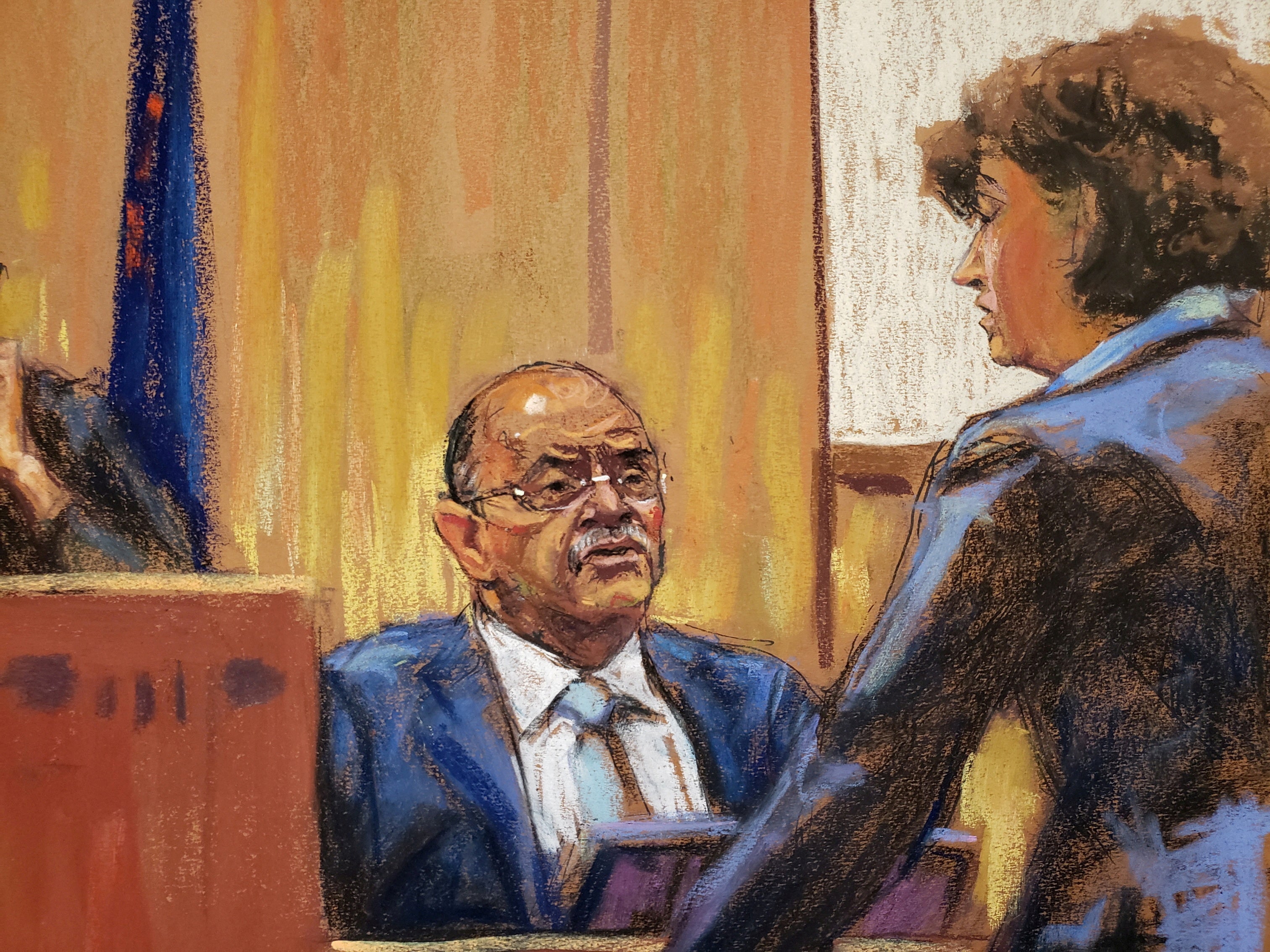 A courtroom sketch depicts former Trump Organization chief financial officer testifying in a criminal tax fraud trial in New York in 2022