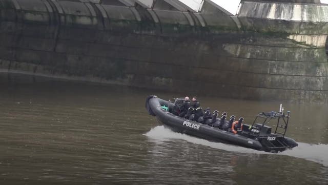 <p>Police boats search Thames near Chelsea Bridge for alkali attack suspect Abdul Ezedi</p>