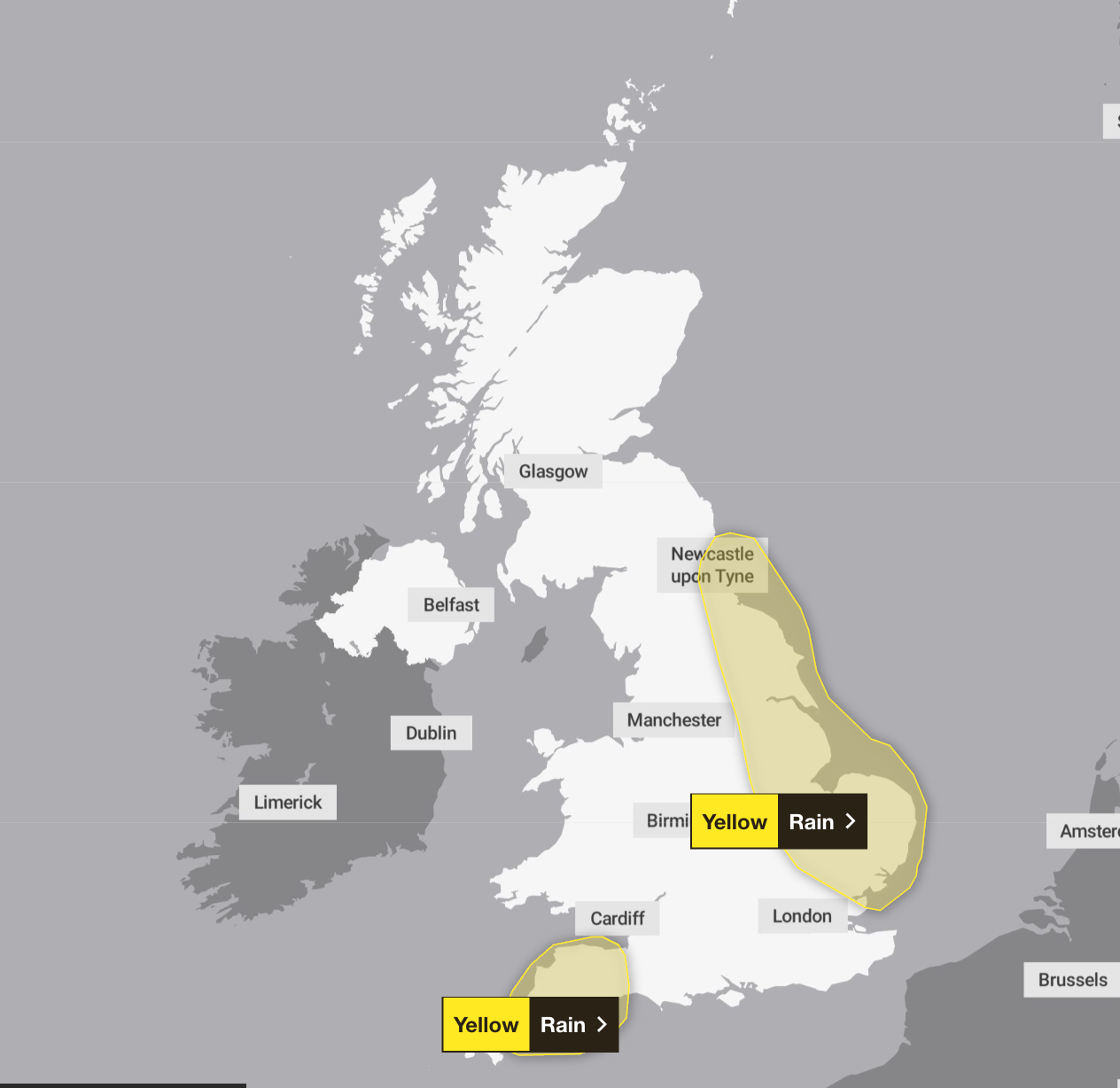 Weather warnings are in place in the east of England and in Cornwall