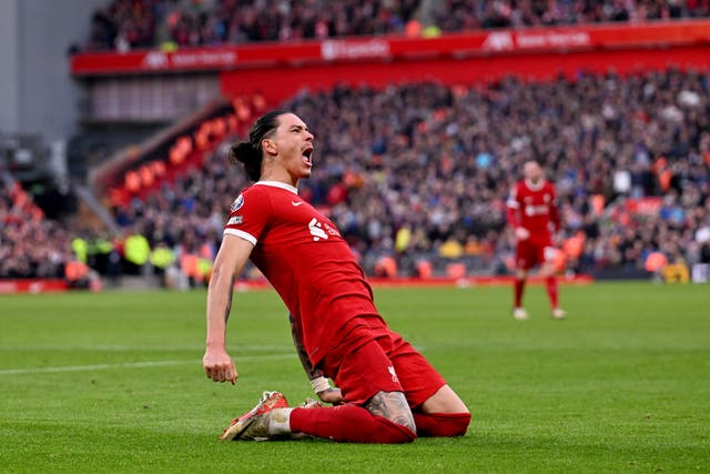 <p>Nunez celebrates after scoring Liverpool’s third goal</p>