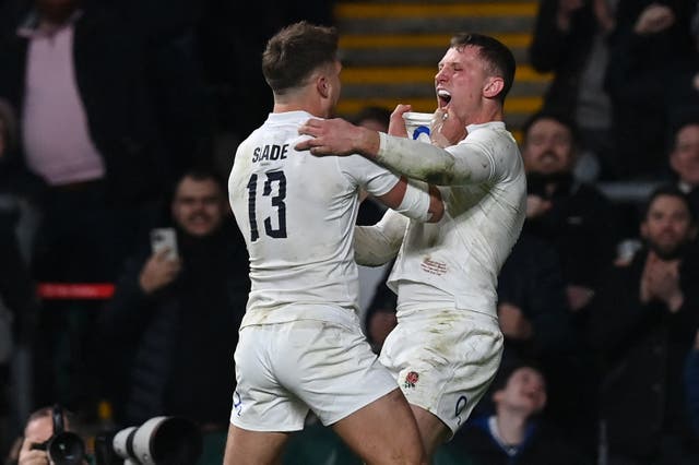 <p>Fraser Dingwall (right) celebrates with Henry Slade after scoring England’s second try as the home side snatched victory at Twickenham </p>