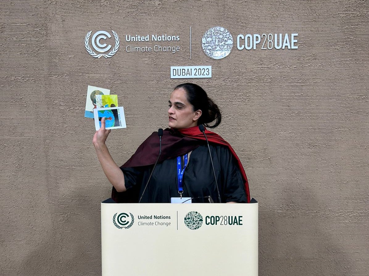 Bhavreen Kandhari addressing a panel on air pollution at the Cop28 climate summit in Dubai