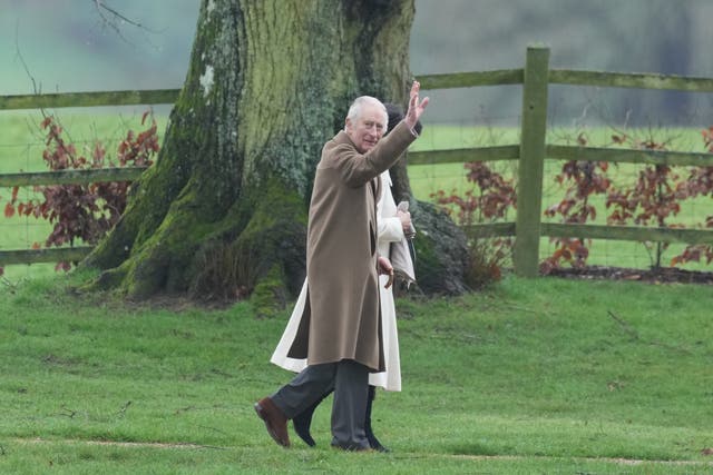 <p>Walking alongside Camilla and holding an umbrella, Charles arrived at St Mary Magdalene Church in Sandringham, Norfolk, on Sunday morning</p>