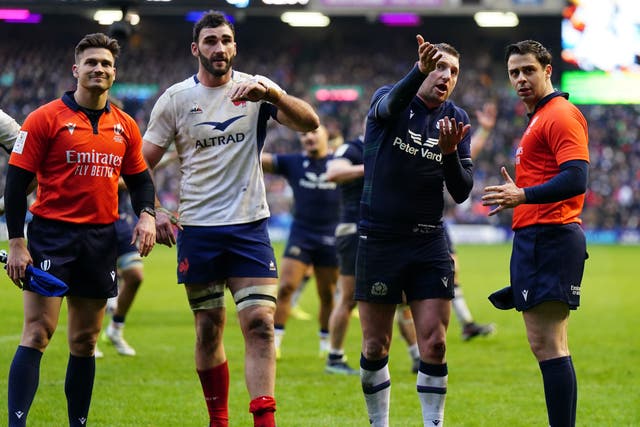 Finn Russell pleads with the officials over Scotland’s disallowed late try (Jane Barlow/PA)