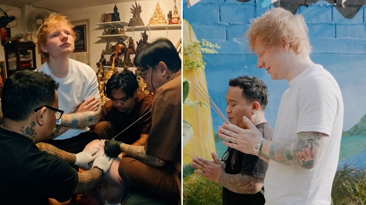 ‘Nervous’ Ed Sheeran prays as he gets big traditional Thai tattoo on his leg