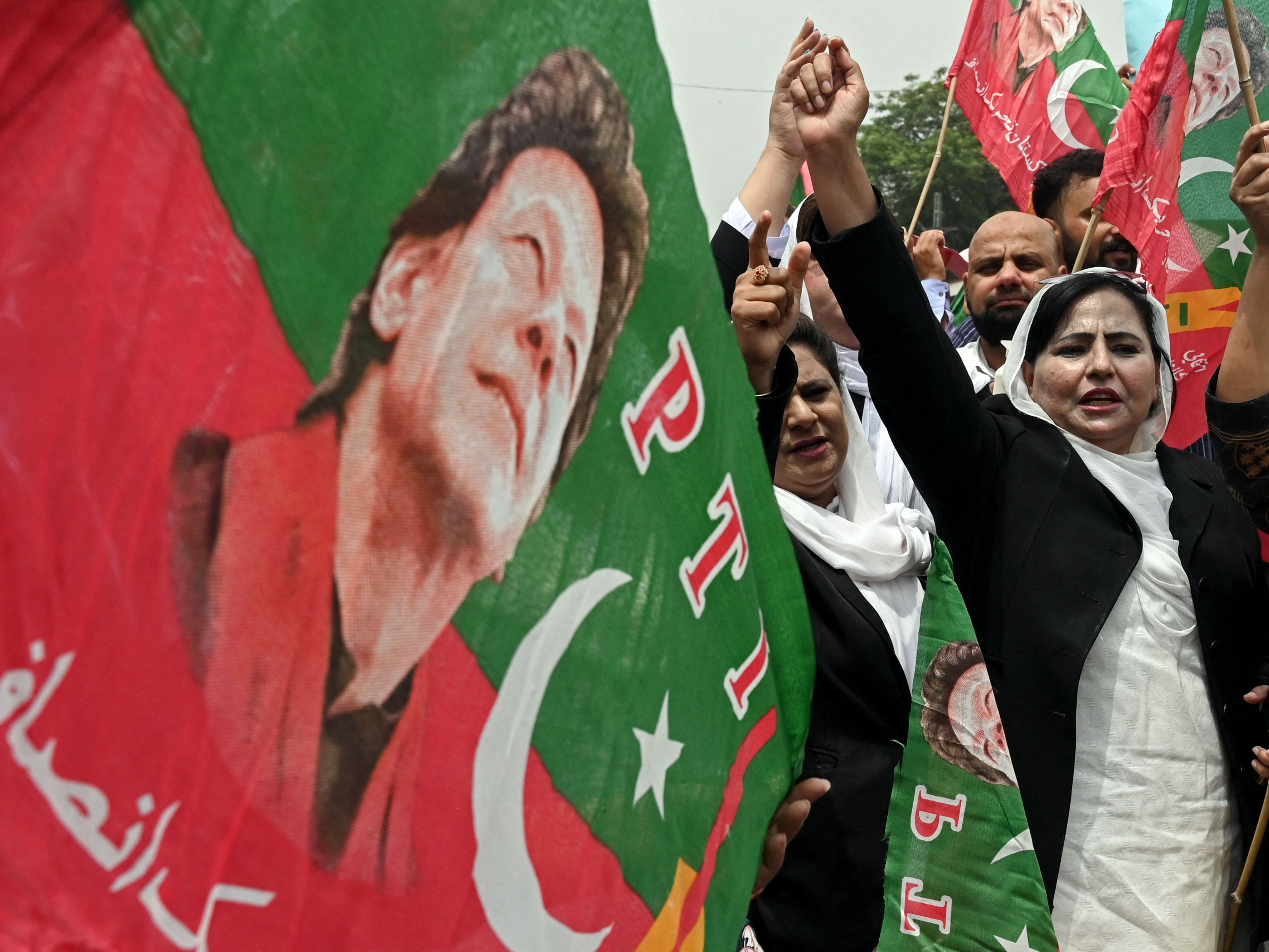 File: Lawyers in support of Pakistan's former Prime Minister Imran Khan, denounce his arrest during a protest outside the High court in Lahore on 7 August 2023