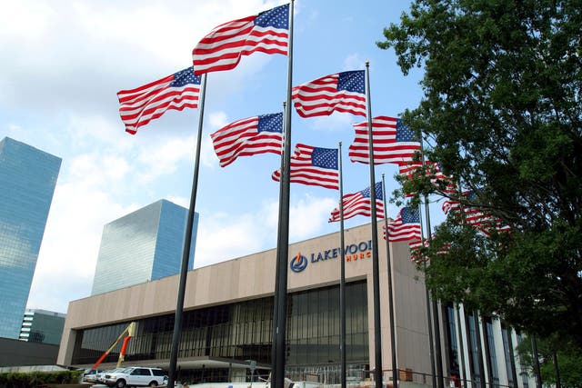 <p>FILE - Flags fly in front of the Lakewood Church in Houston 28 June 28, 2005. Police in Texas said Sunday, Feb. 11, 2024, that they were responding to a possible shooting at the Houston megachurch run by celebrity pastor Joel Osteen. (AP Photo/Pat Sullivan, File)</p>