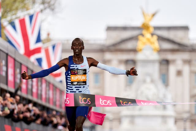 <p>Kelvin Kiptum won the men’s London Marathon in 2023 in a course record of two hours, one minute and 25 seconds </p>