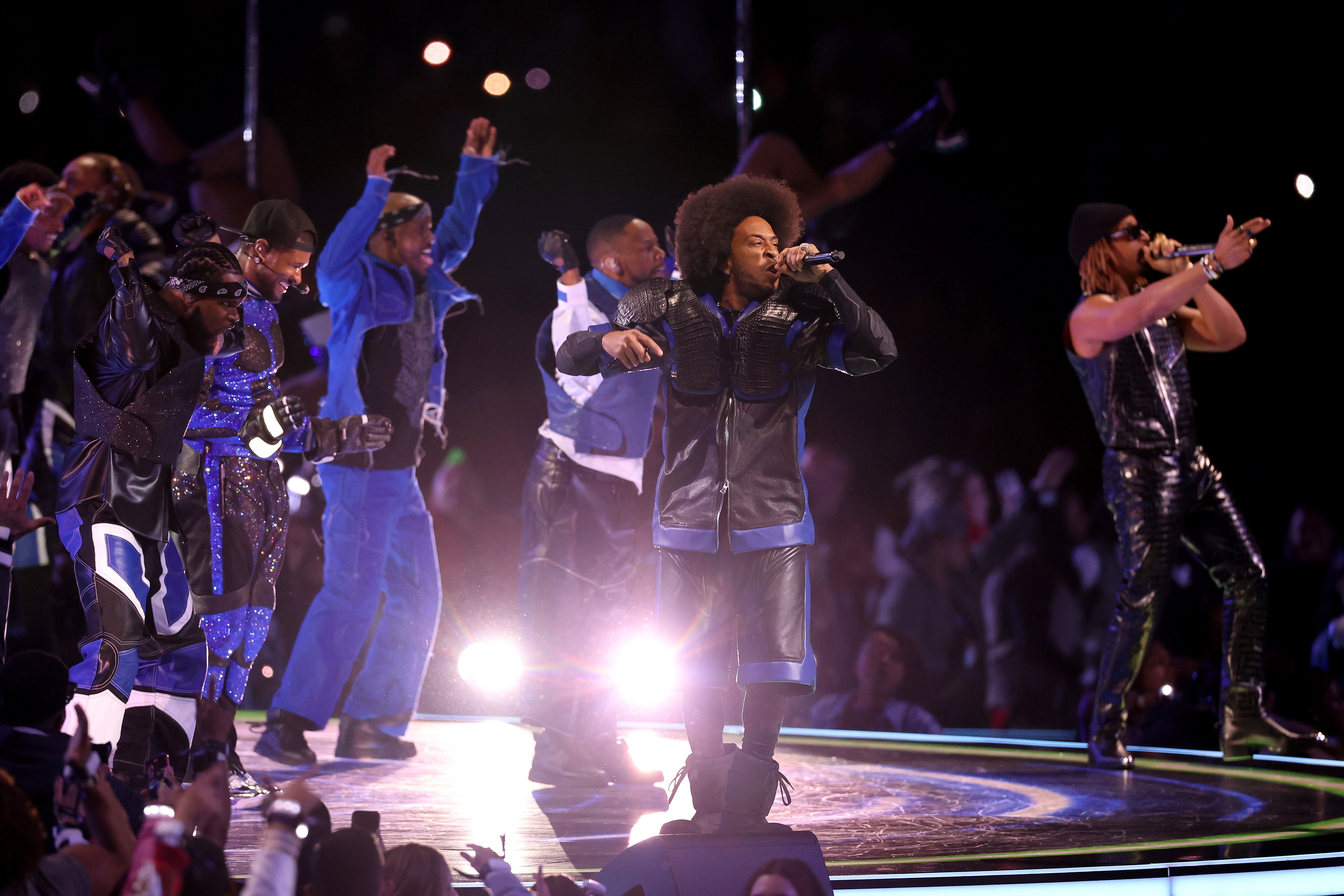 Usher, Ludacris, and Lil Jon perform onstage during the Apple Music Super Bowl LVIII Halftime Show at Allegiant Stadium