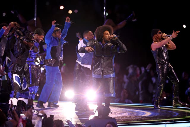 <p>Usher, Ludacris, and Lil Jon perform onstage during the Apple Music Super Bowl LVIII Halftime Show at Allegiant Stadium</p>