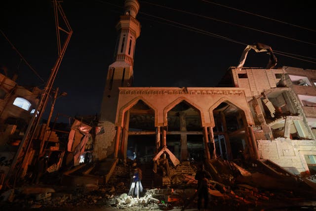<p>A destroyed mosque is seen following Israeli bombardments over Rafah in the southern Gaza Strip</p>