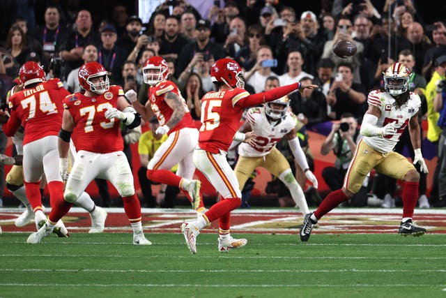 <p>Patrick Mahomes of the Kansas City Chiefs throws the game-winning touchdown</p>