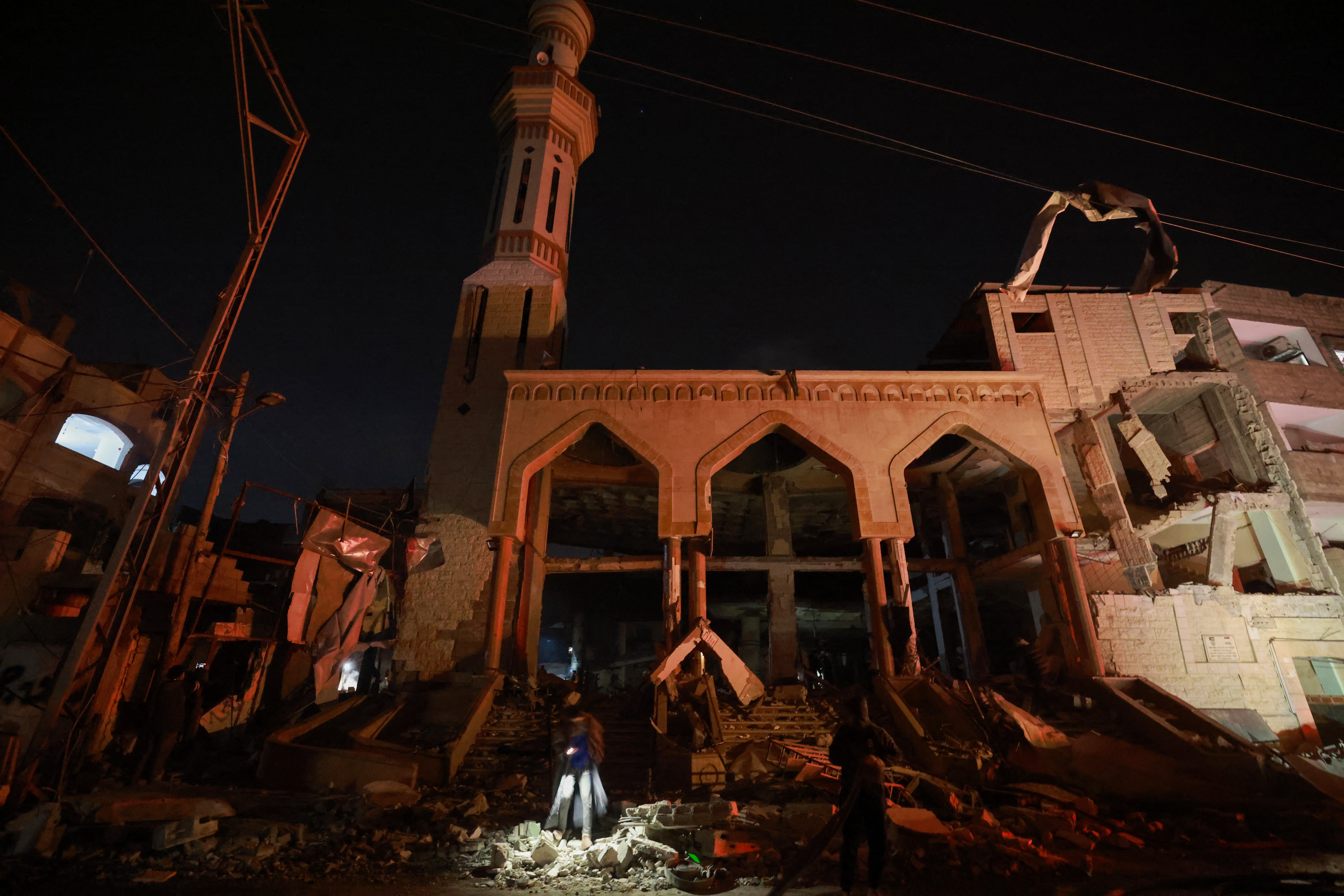 A destroyed mosque is seen following Israeli bombardments over Rafah in the southern Gaza Strip