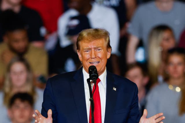 <p>Former US president and 2024 presidential hopeful Donald Trump speaks at a “Get Out the Vote” Rally in Conway, South Carolina</p>