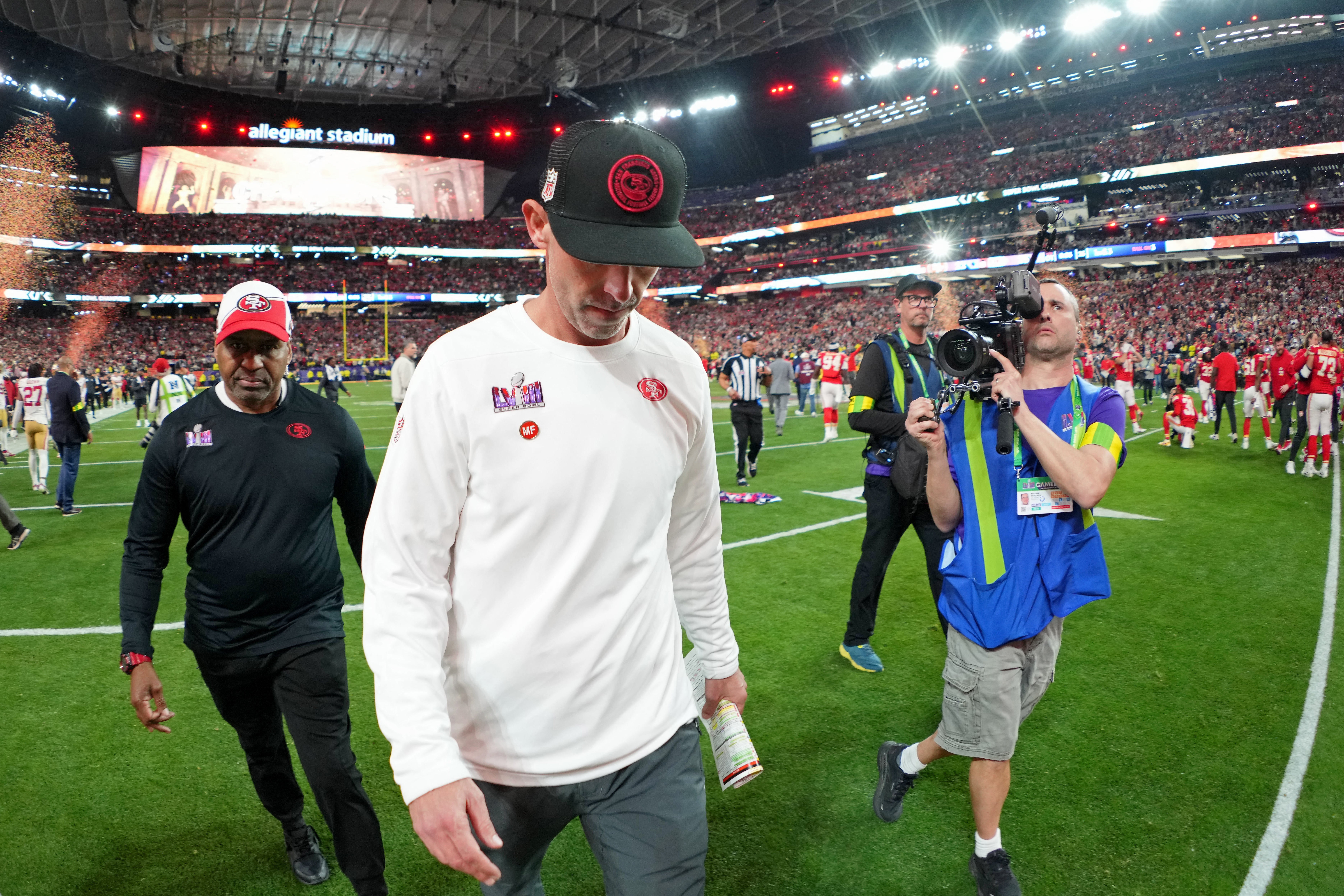 San Francisco 49ers head coach Kyle Shanahan walks off the field after losing Super Bowl LVIII