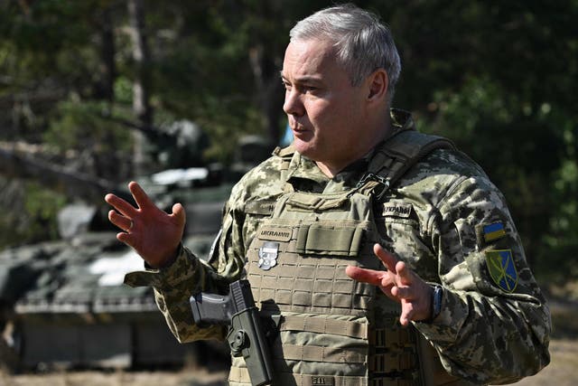 <p>Commander of the Joint Forces the Armed Forces of Ukraine, lieutenant general Serhiy Nayev speaks during a military training exercise in Kyiv</p>