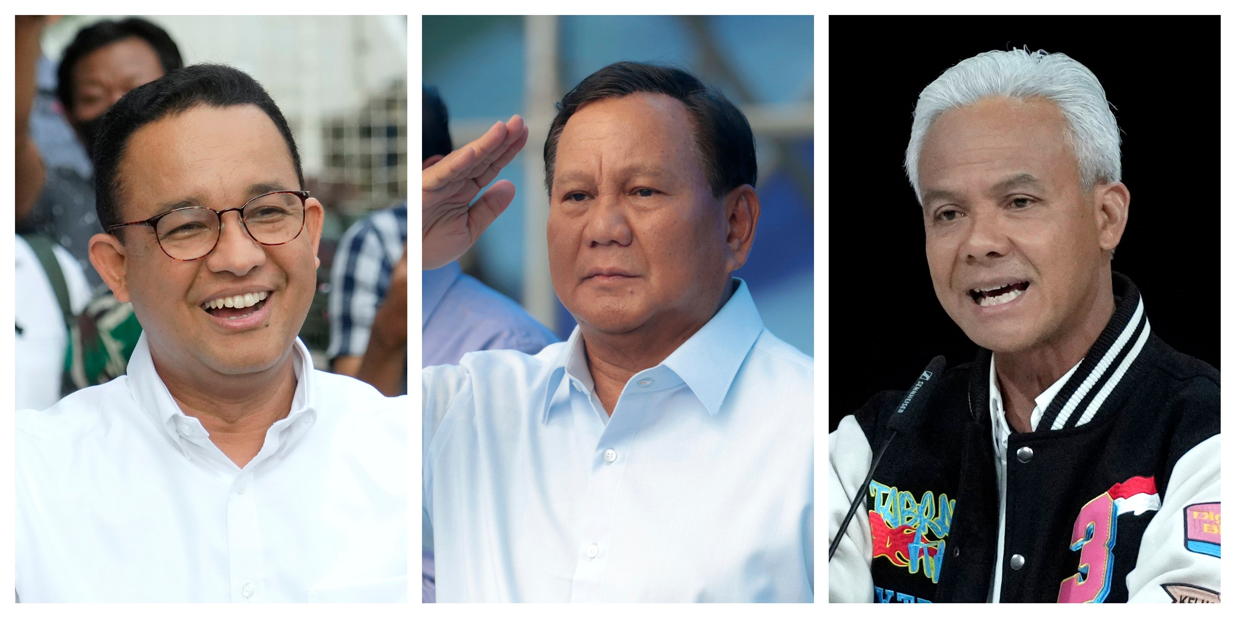 Presidential candidates, from left, Anies Baswedan, Prabowo Subianto and Ganjar Pranowo