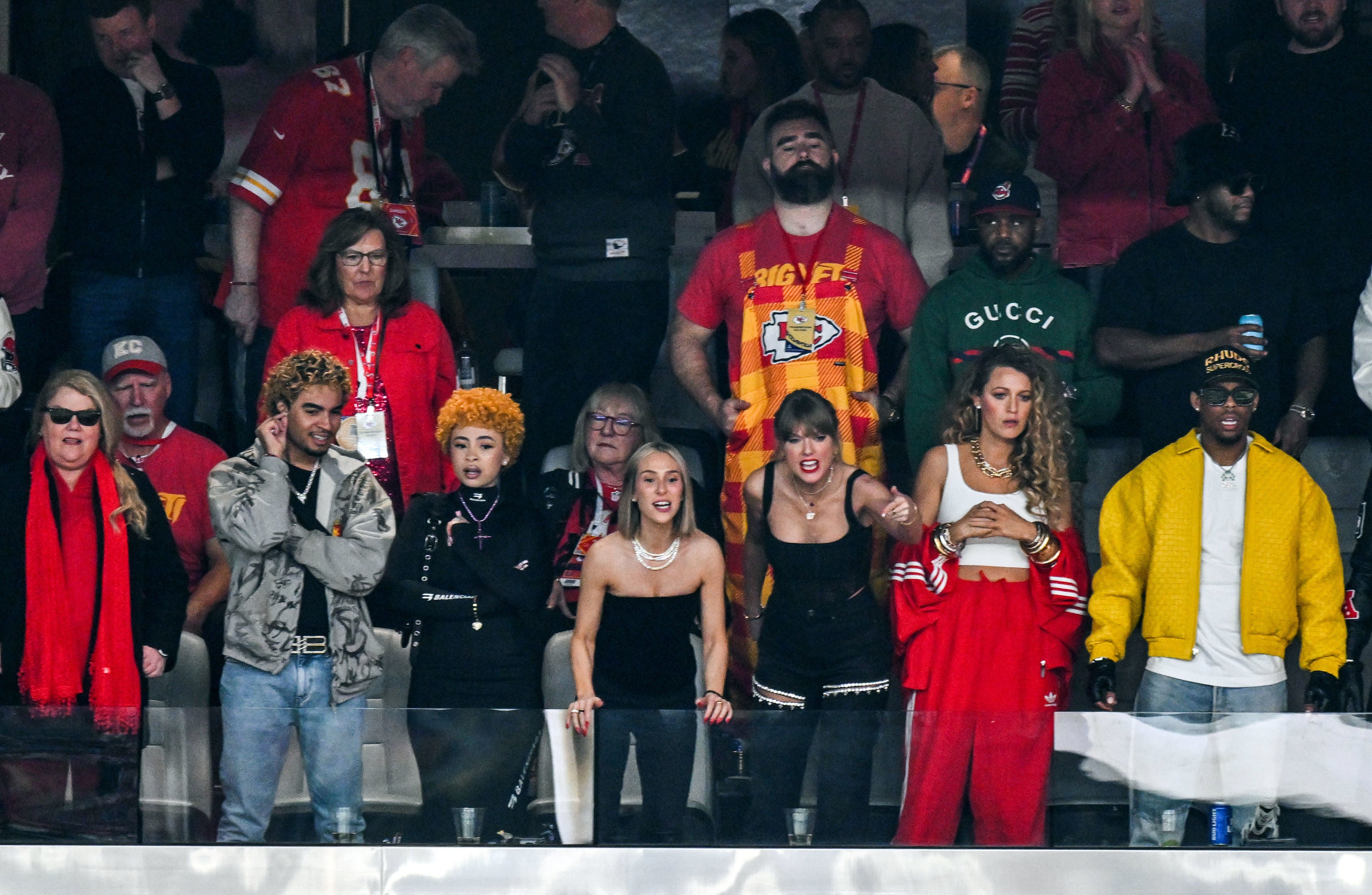 Ice Spice, Ashley Avignone, Jason Kelce (centre, second row) , Taylor Swift and Blake Lively attend Super Bowl LVIII