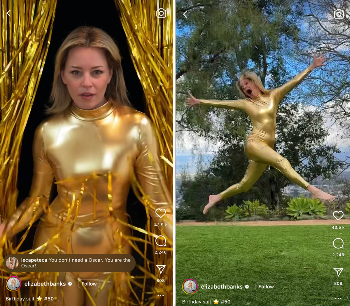 Elizabeth Banks celebrates 50th birthday in golden &lsquo;birthday suit&rsquo;