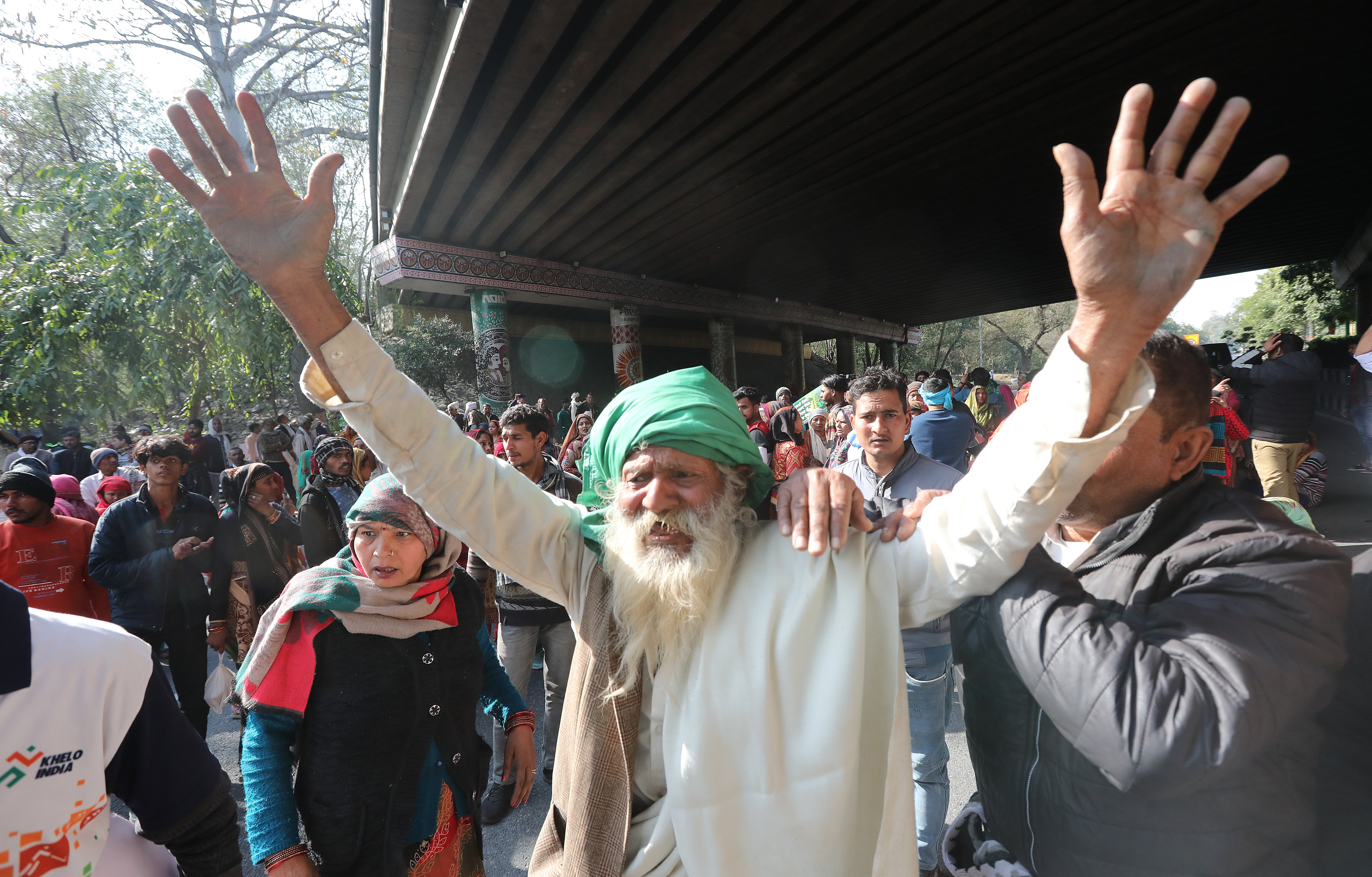 Indian farmers shout slogans on the Delhi link road leading to the Delhi Noida Border as they protest in Delhi Noida Border in Uttar Pradesh, India, 08 February 2024