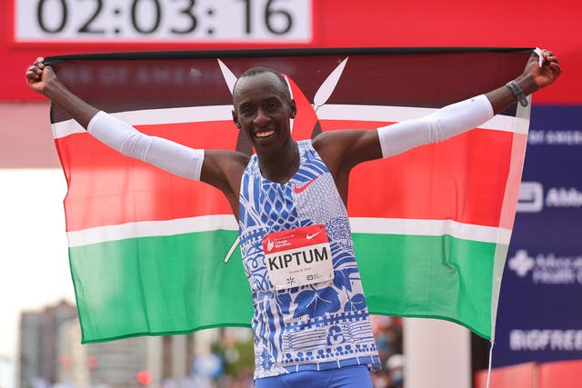 <p>Kelvin Kiptum of Kenya celebrates after winning October’s Chicago Marathon and setting a world record time of 2:00.35 at Grant Park</p>