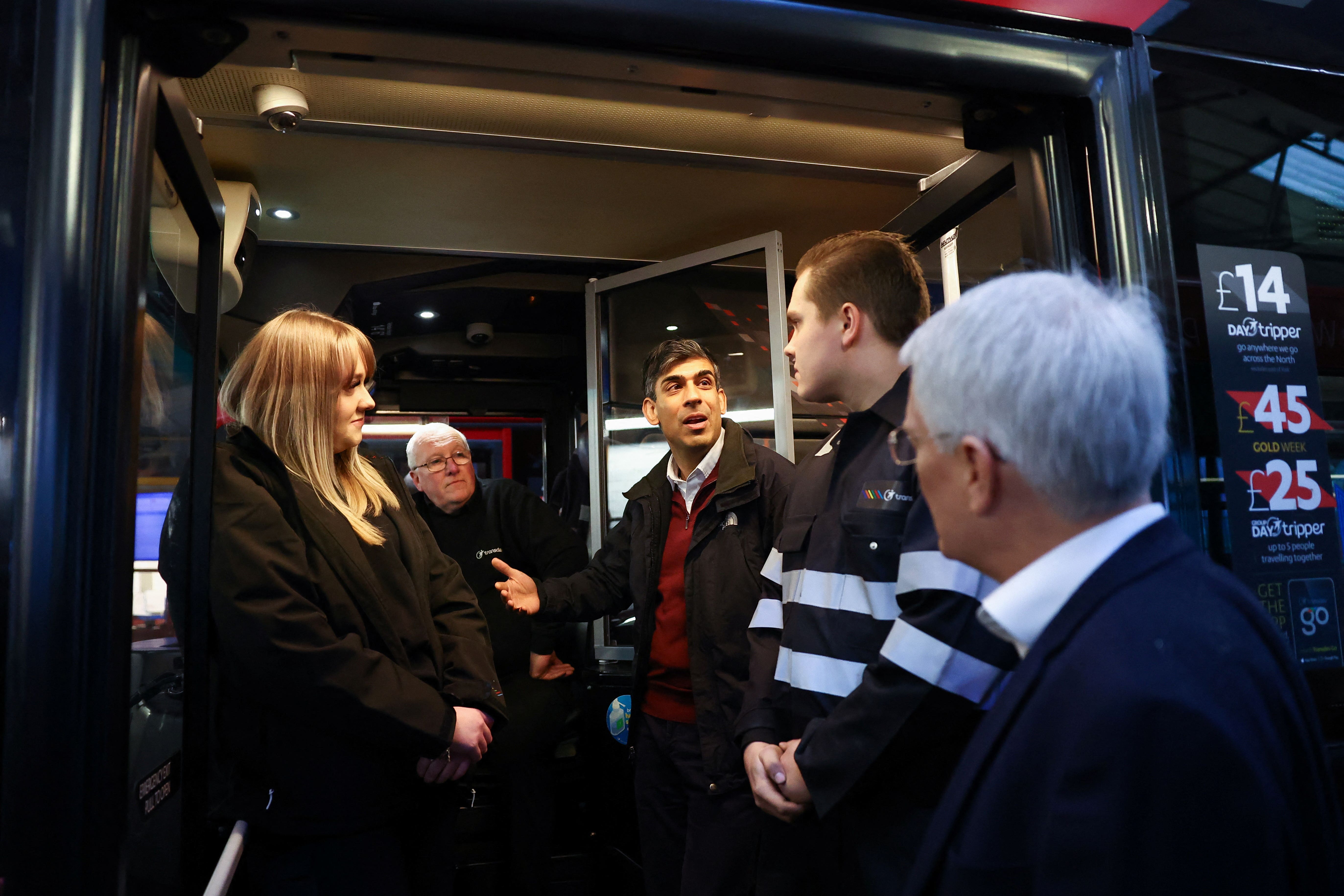 Prime Minister Rishi Sunak visited a bus depot in Harrogate, North Yorkshire (PA)