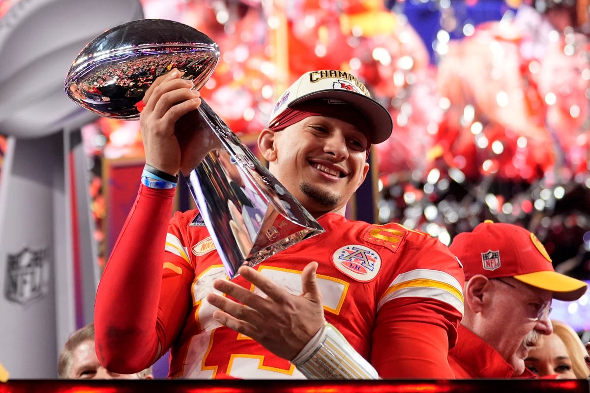 Super Bowl 2024 winners Kansas City Chiefs head coach and Patrick Mahomes speak to press