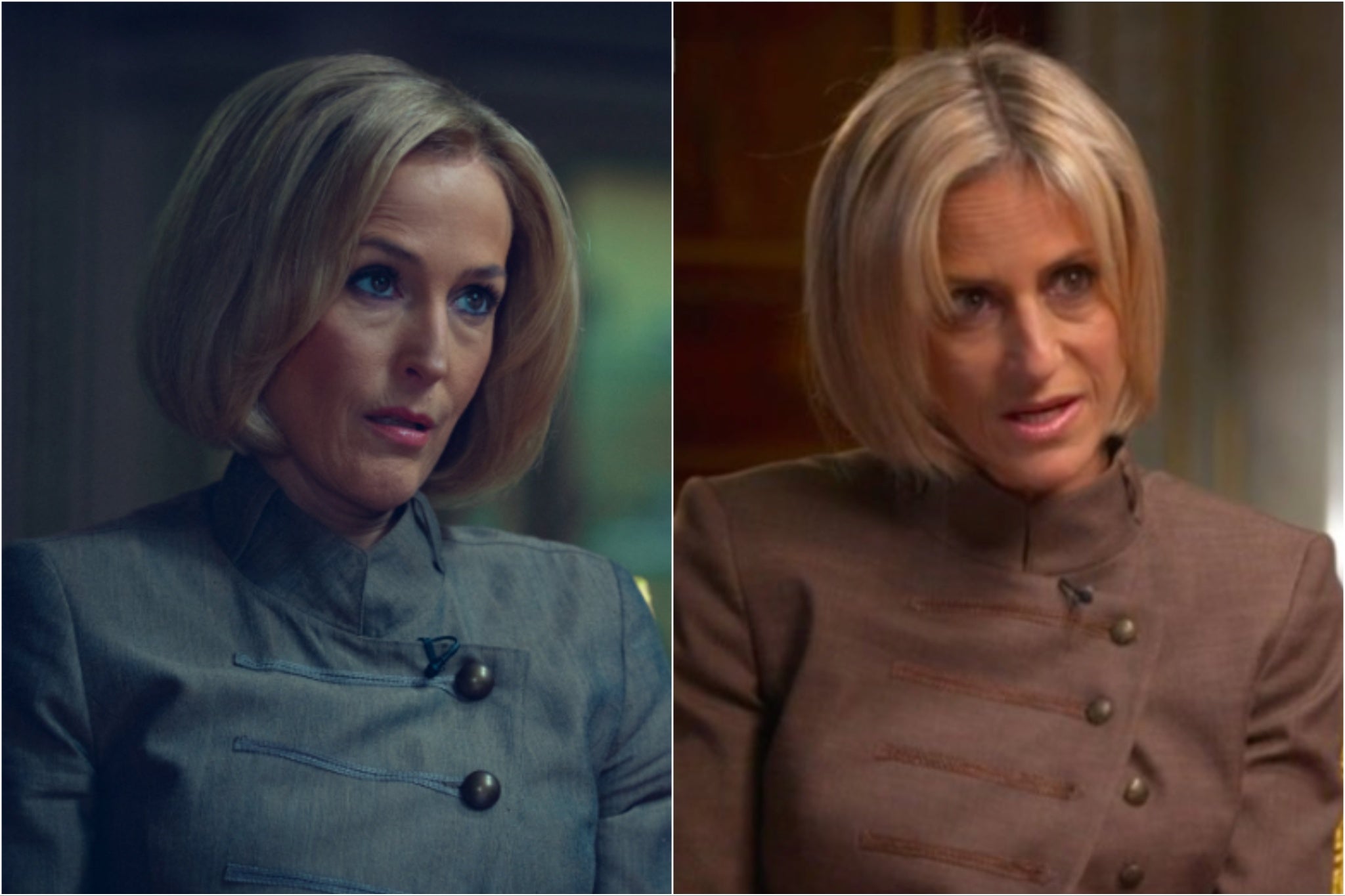 Gillian Anderson as Emily Maitlis in ‘Scoop’, alongside Maitlis during the Newsnight interview