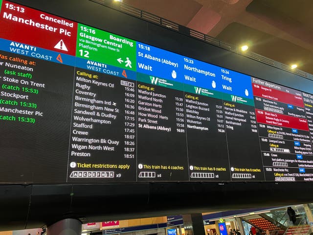 <p>Departure board at London Euston showing cancellations (file photo) </p>