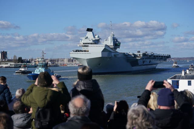<p>Royal Navy aircraft carrier HMS Prince of Wales sets sail from Portsmouth Harbour to lead the largest Nato exercise since the Cold War</p>