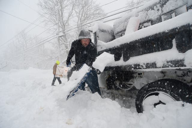 <p>Bob Roesca helps dig out a plow after an intense lake-effect snowstorm impacted the area on November 18, 2022 in Hamburg, New York. Thundersnow occurred across areas impacted by the winter storm</p>
