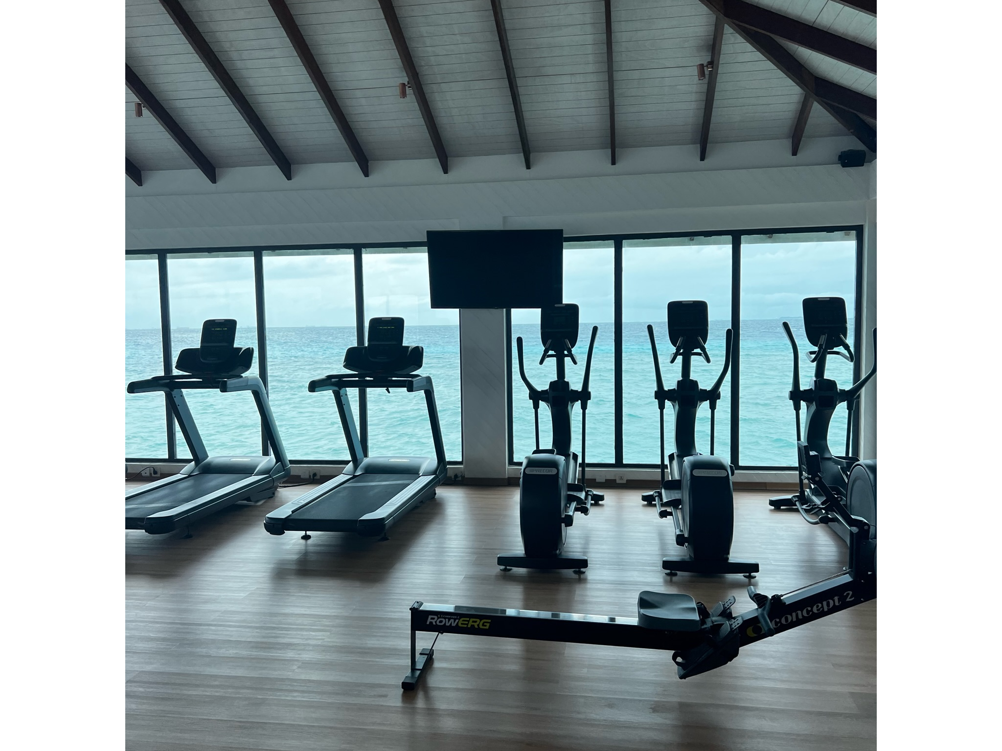 The resort’s overwater fitness centre boasts large windows