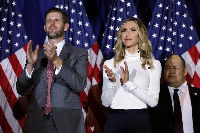 <p>Eric Trump (L) and his wife, Lara Trump, applaud for Republican presidential candidate and former U.S. President Donald Trump, during a primary night party at the Sheraton on January 23, 2024, in Nashua, New Hampshire</p>