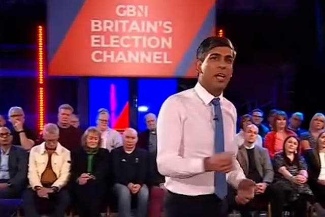 <p>Rishi Sunak promised GB News viewers ‘peace of mind’, ‘a brighter future’ and ‘renewed pride in our country’ </p>